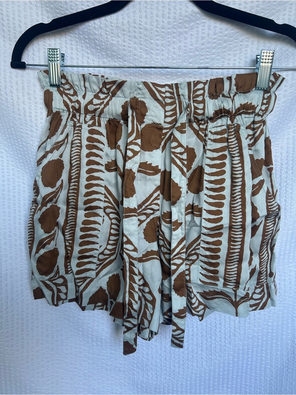 Omika Boho Brown & Light Blue Print Paperbag Waist Shorts Size XS
